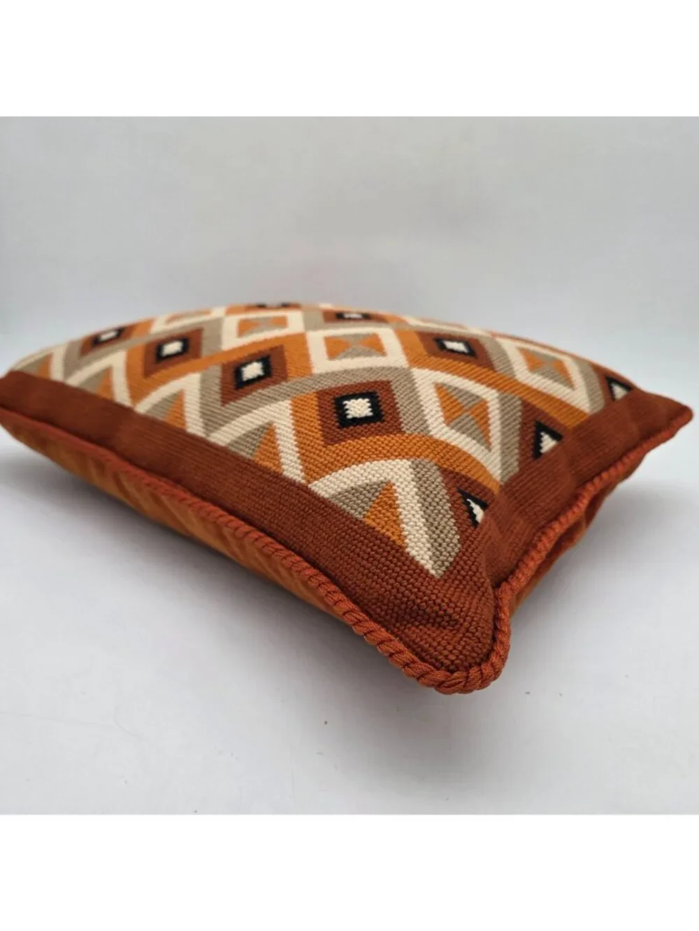 Mid-Century Geometric Needlepoint Throw Pillow With Velvet Back In Orange 18